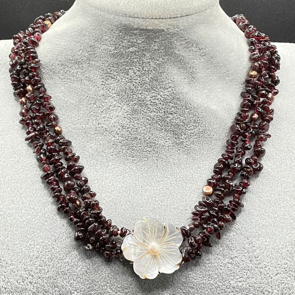 Garnet Mother of Pearl Flower Closure Three Strand Statement Necklace